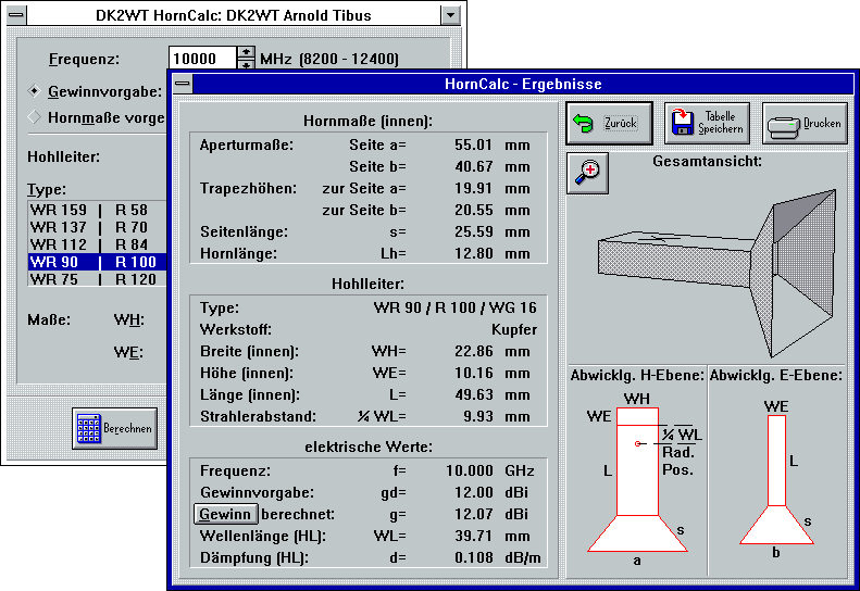 HornCalc mit Ergebnisfenster