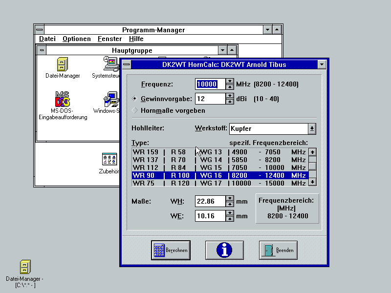 HornCalc 2.71 unter Windows 3.11